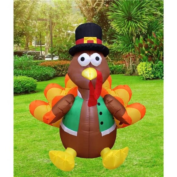 4 Foot Tall Happy Thanksgiving Inflatable Turkey with Pilgrim Hat Perfect - Picture 1 of 7